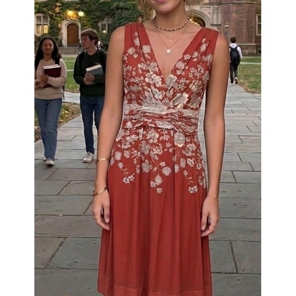 Mesh Red Floral Dress Sleeveless Wrap V Neck Empire Waist Tie Back 00 Boho * Y2K